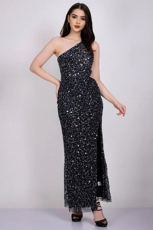 Naeve One Shoulder Sequin Dress in Navy Blue