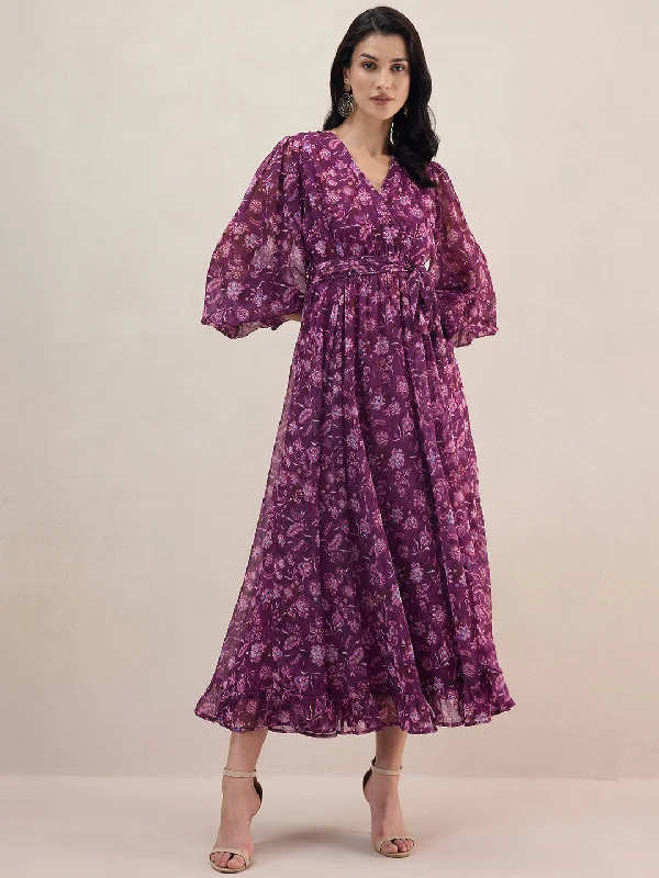 Purple Floral Printed Wrap Maxi Dress