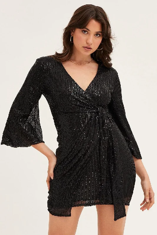 Black Sequin Ruffle Wrap Party Mini Dress