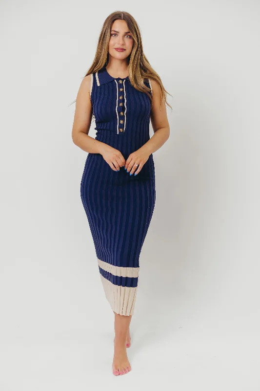 Jovie Sleeveless Ribbed Maxi Dress with Buttons in Navy