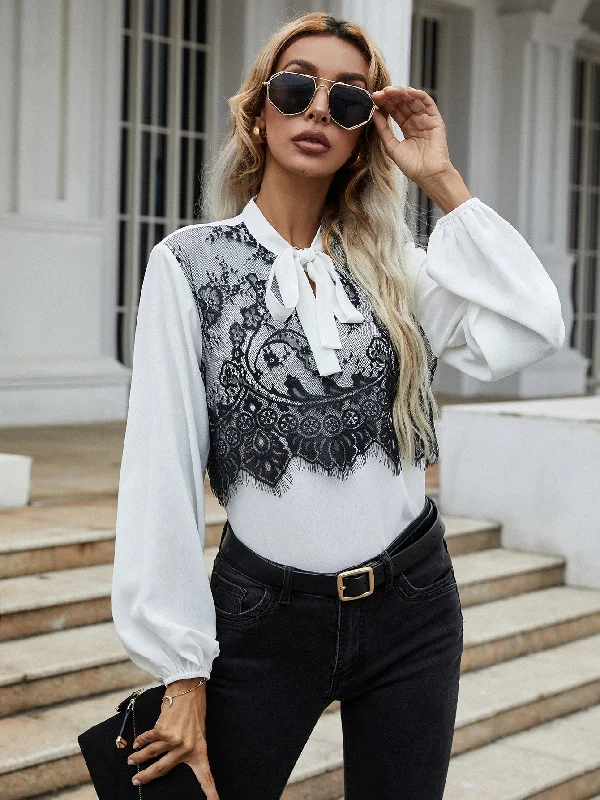 KittenAlarm - Puff sleeve top black lace stitching bow tie long-sleeved shirt