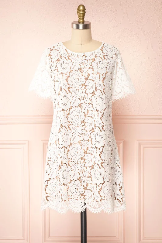 Apama White | Floral Lace Short Sleeve Dress