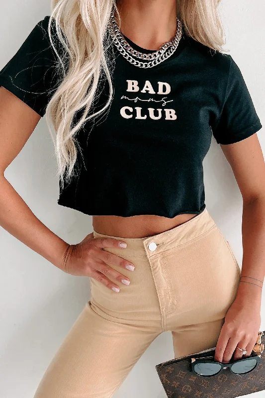 "Bad Moms Club" Raw Hem Graphic Crop Tee (Black/Beige) - Print On Demand