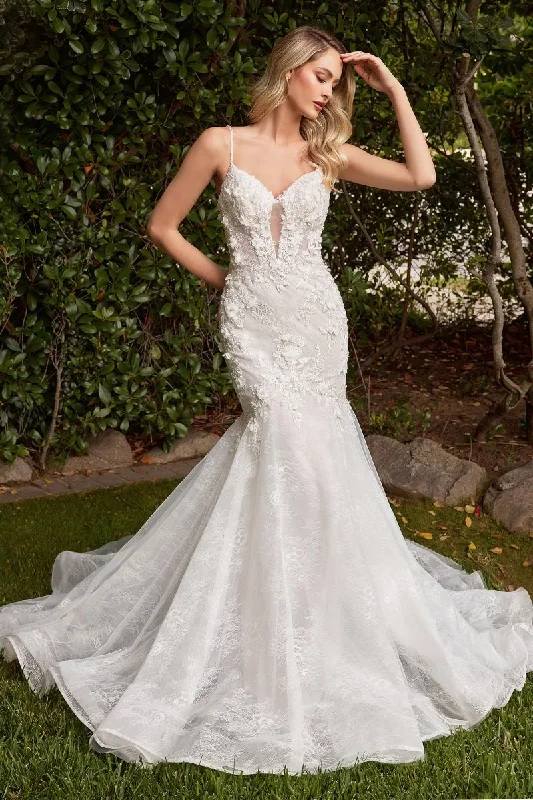 Cinderella Divine CD856W Bridal Long Spaghetti Strap Lace Mermaid Wedding Dress