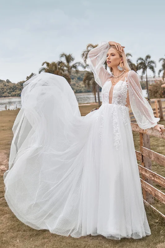 Open Back Long Sleeves Ivory Wedding Dress with Appliques