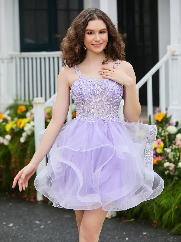 Appliqued Corset Top Short Tulle Dress Lilac