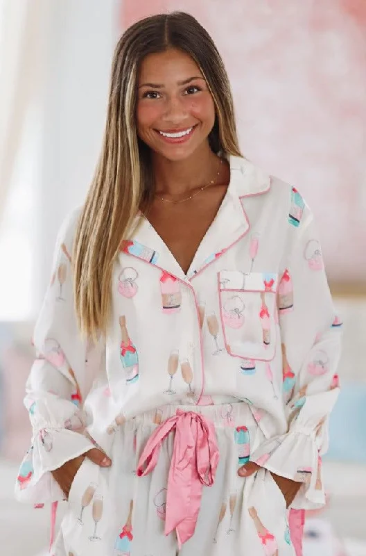 I Do Satin Pajama Top - Ivory and Pink