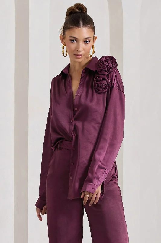 Rosanna | Burgundy Satin Oversized Shirt With Flowers