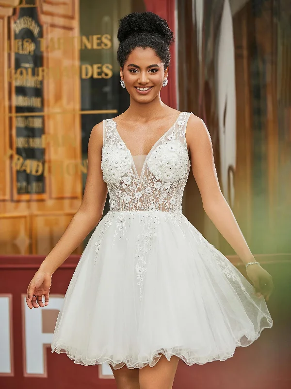 Short Floral Lace Illusion Top Tulle HOCO Dress Ivory