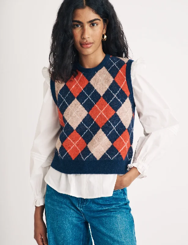 Navy Argyle Wool Knitted Vest