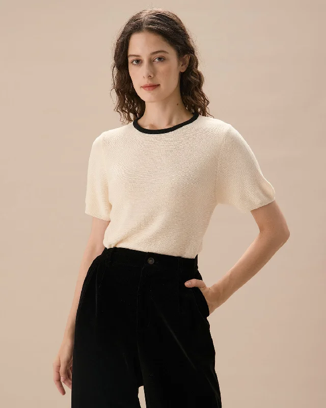 Women's Apricot Contrasting Ribbed Knit Tee